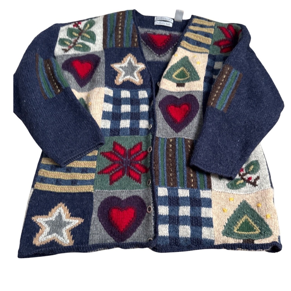 Northern Isles 100% Wool Hand Knit‎ Patchwork Cardigan Sweater Hearts Trees M